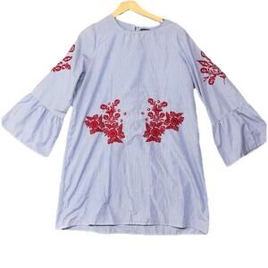 Boohoo Sz 12 Blue/Wh Strip Embroidered Flowers Ruffle Collar/Cuff Tunic/Blouse